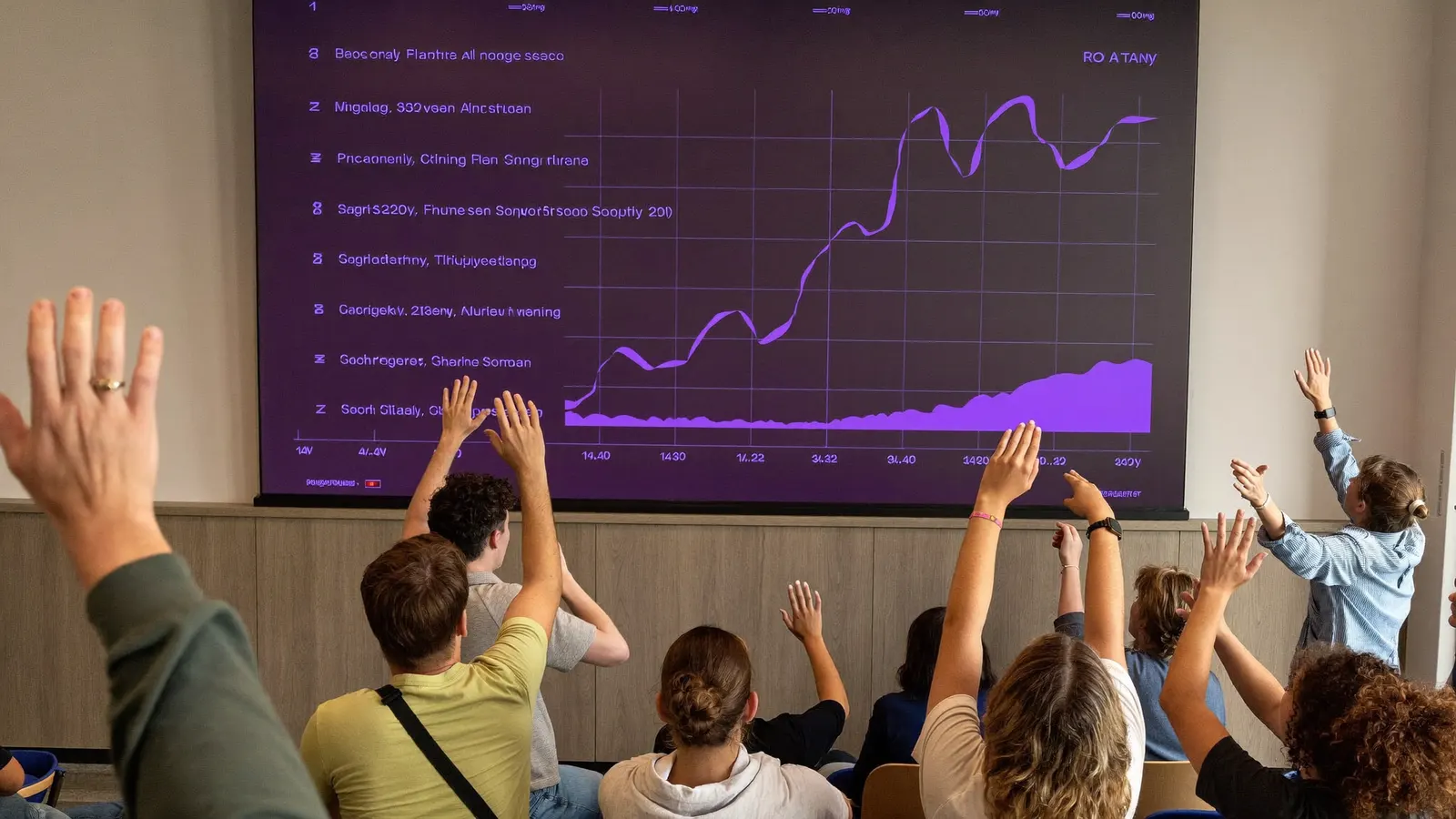 A student society cheering at a leaderboard on a big screen